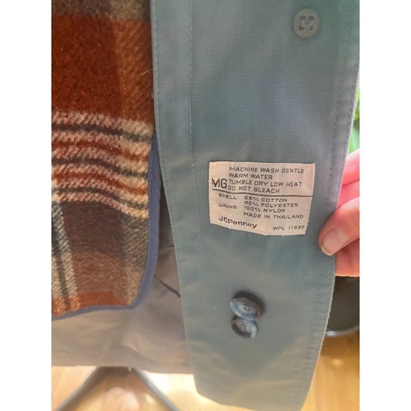 90s Grey Blue Trenchcoat with Brown Plaid Recycled Wool Removable Lining - Picture 5 of 7